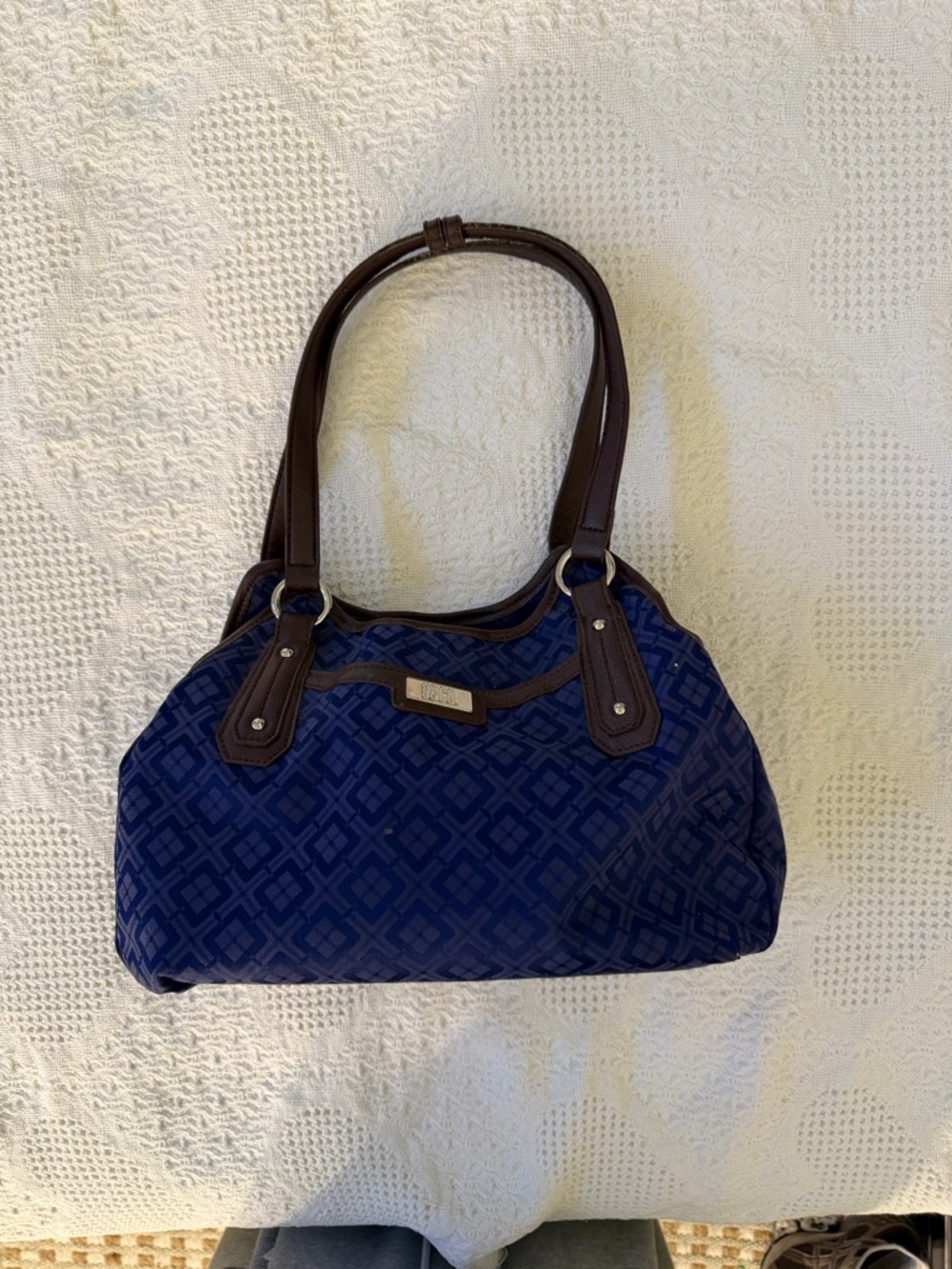 Vintage 9&Co.Navy Geometric Shoulder Bag with Brown Trim